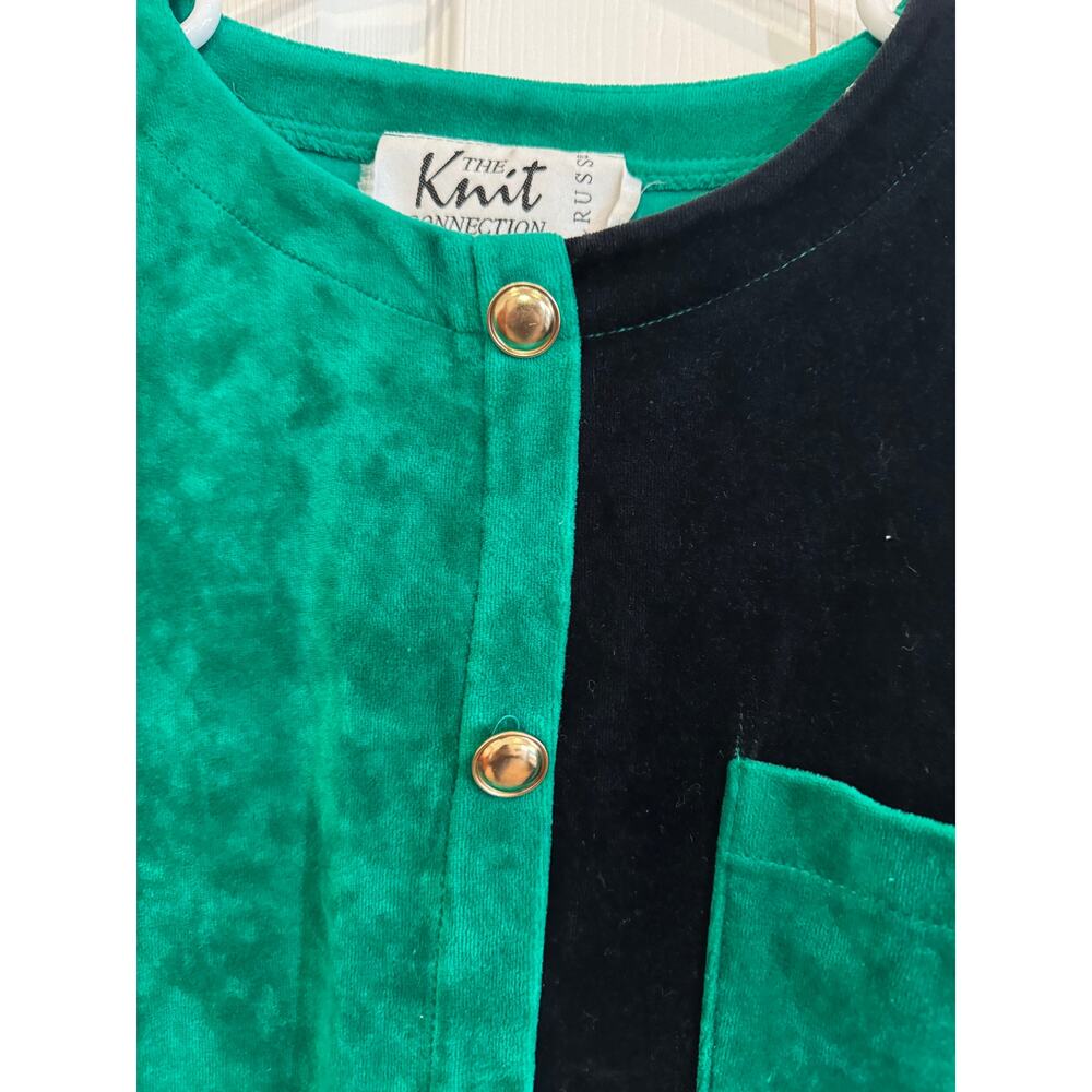 Vintage Knit Connection Velvet Colorblock Top Blouse Green Black Button Glam - Picture 5 of 8